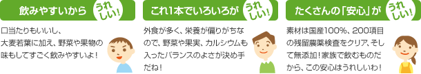 「飲みやすいからうれしい！」「これ1本でいろいろがうれしい！」「たくさんの「安心」がうれしい！」